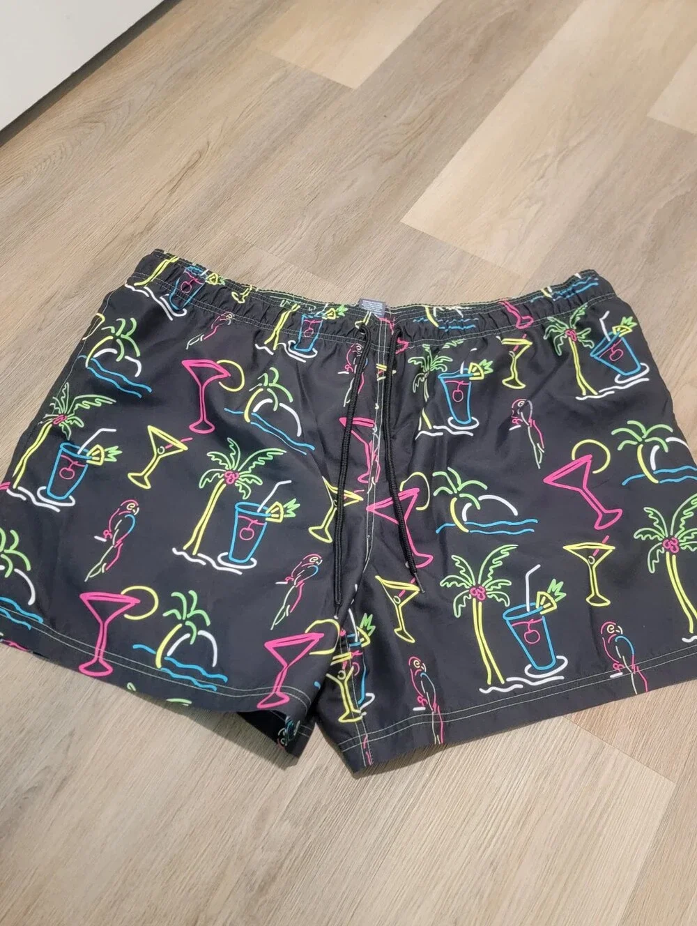 George Big & Tall Sz 3XL Black w/Neon Tropical Drink Printed Swim Trunks